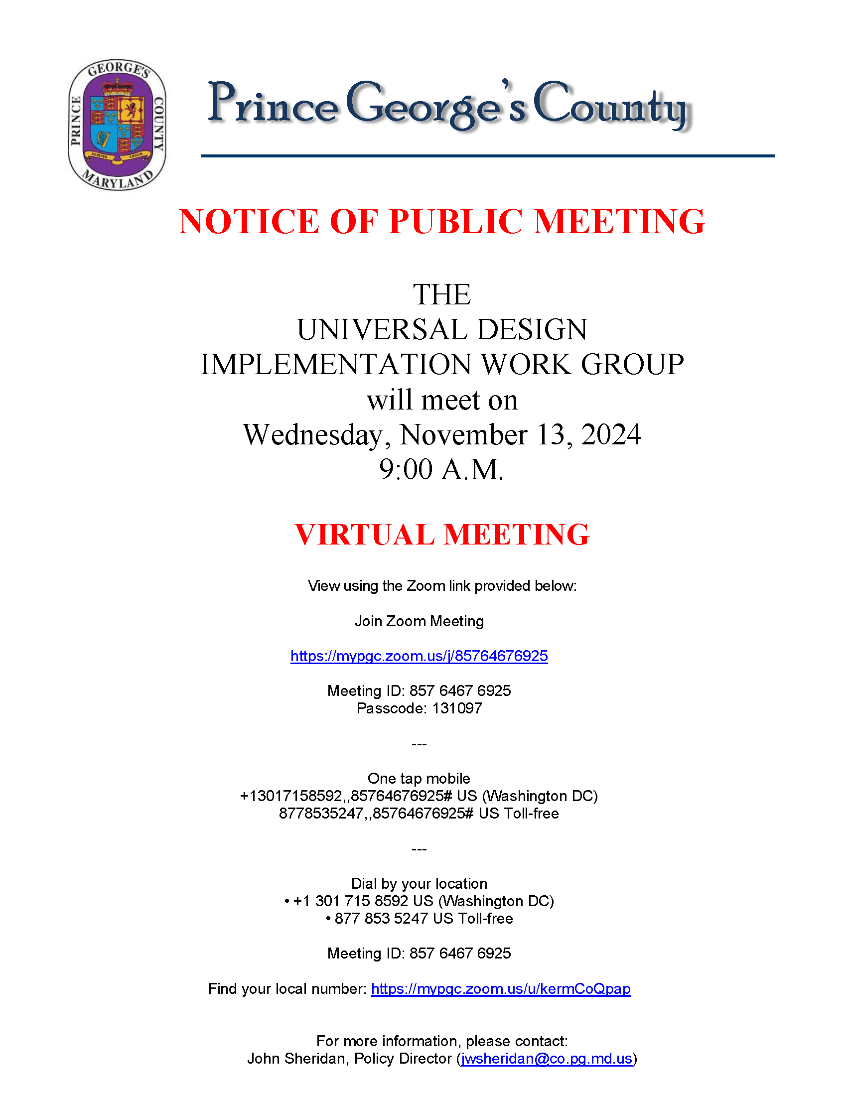 Notice of Public Meeting - Universal Design Implementation Workgroup (November 13, 2024)