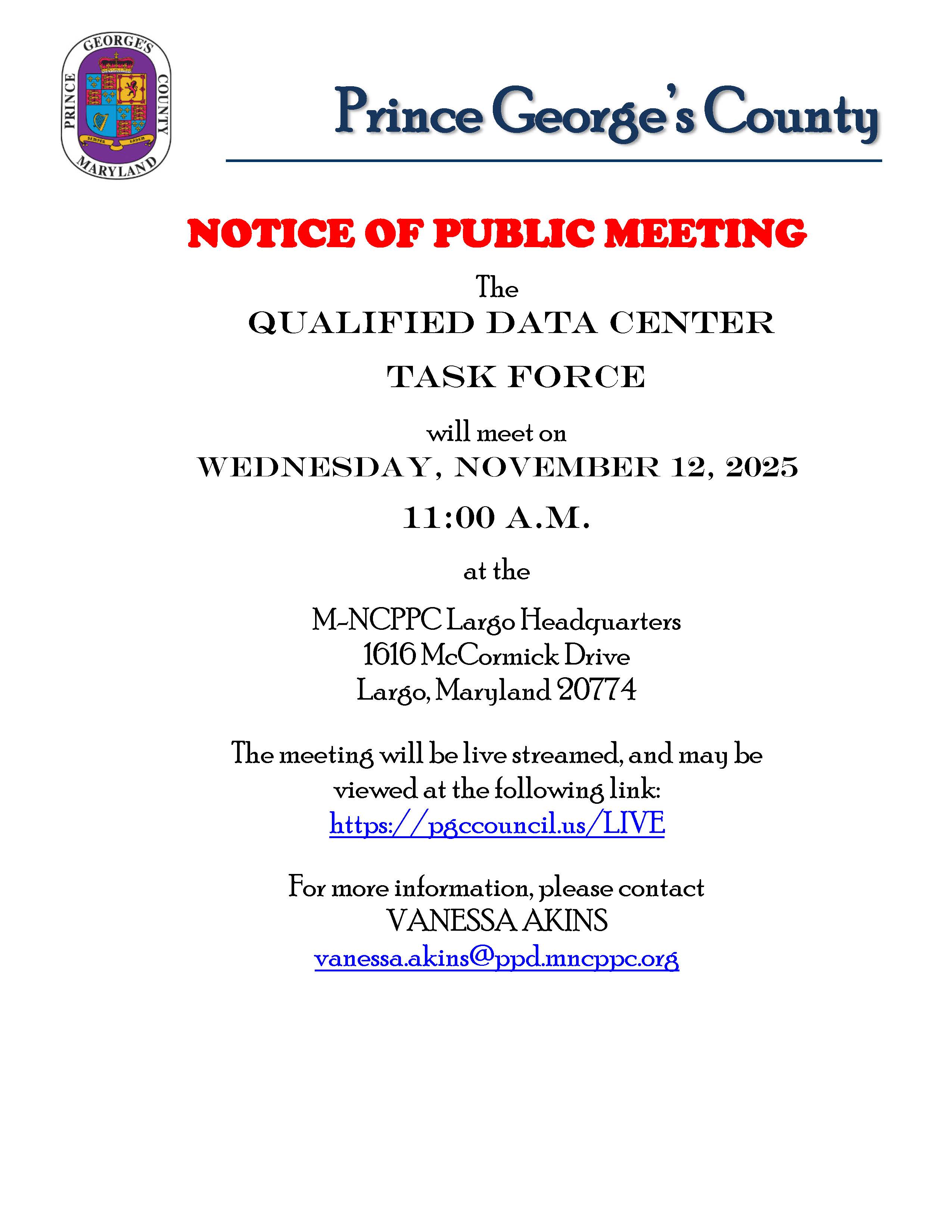 Notice of Public Meeting - Qualified Data Center Task Force (November 12, 2025)