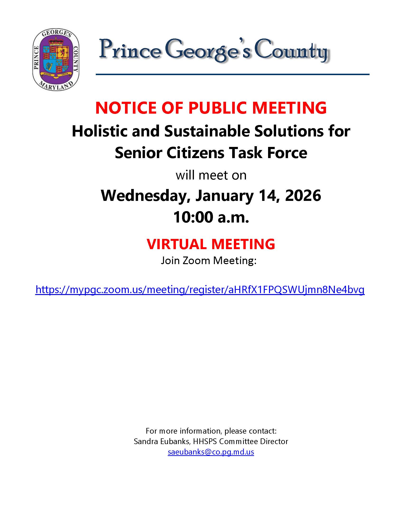 Notice of Public Meeting - Holistic and Sustainable Solutions for Senior Citizens Task Force (Januar