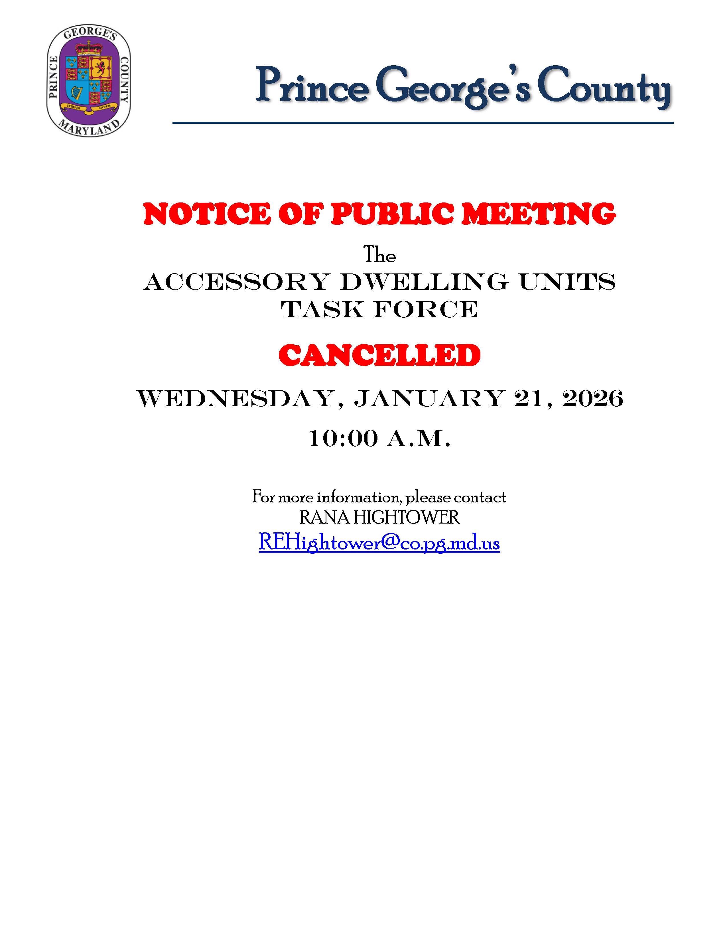 Notice of Public Meeting - Accessory Dwelling Unit Task Force Public Notice Cancellation (1/21/26)